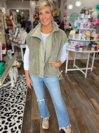 The Northern Comfort Sherpa Vest in Green or Mocha