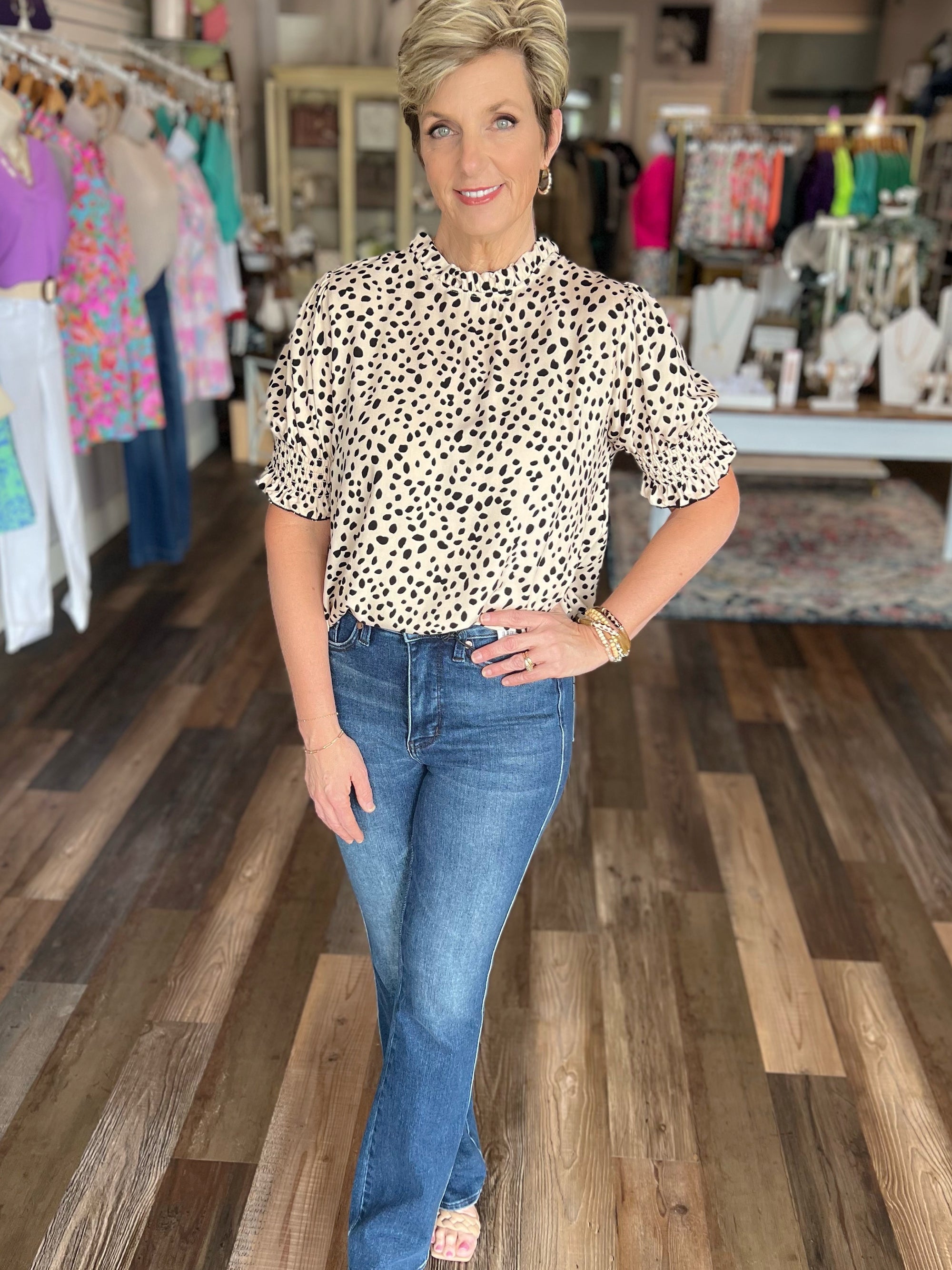 Wild Frills Leopard Print Top with Smock Detail Sleeves
