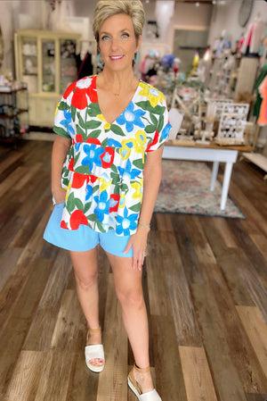 Pleated Pull On Shorts in Blue