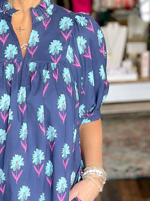 Floral Print Mini Dress with a Ruffled Neck and Short Puff Sleeves