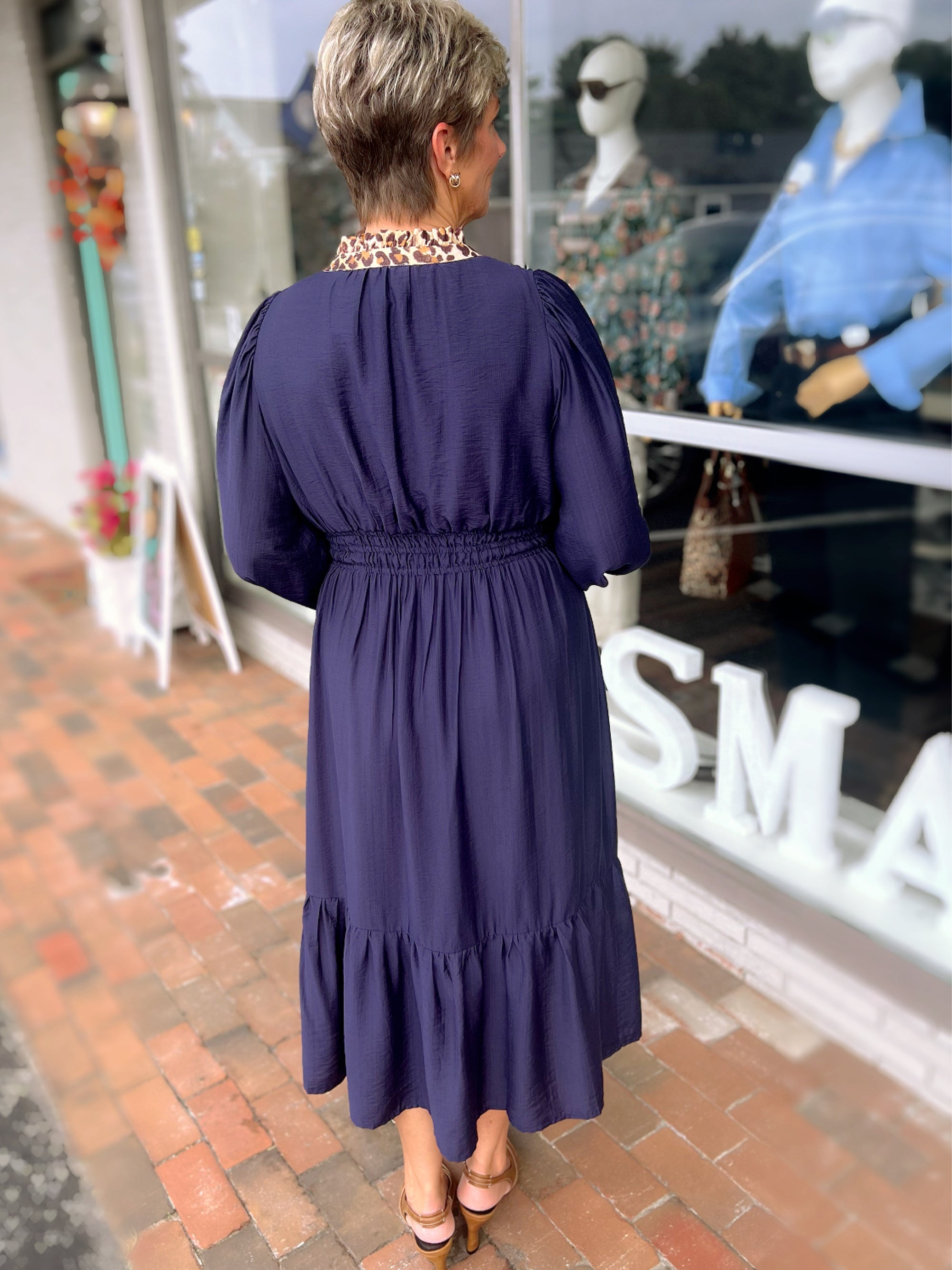Navy Midi Dress with Leopard Trim