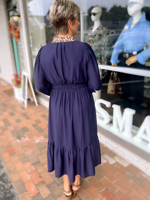Navy Midi Dress with Leopard Trim
