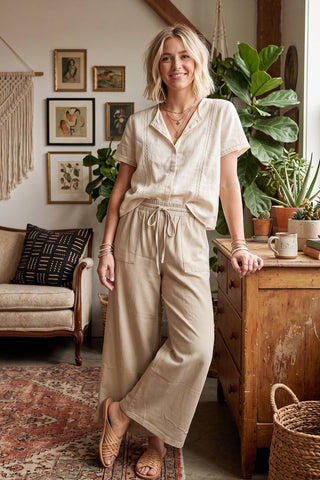 Relaxed Wide Leg Knit Pants in Stone