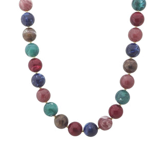 A beaded necklace made of faceted round beads in pink, teal, blue, and brown, separated by small gold spacers, shown on a plain white background.