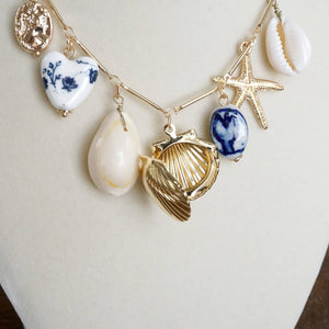 Multi-Charm Chinoiserie & Shell Locket Necklace – Blue & Gold