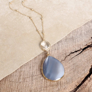 Boho Minimal Long Necklace with Teardrop Natural Stone Pendant – Gray and Worn Gold Tone (Copy)