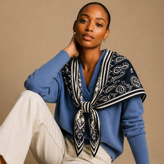 A woman wearing a blue knit sweater and cream trousers, with a navy and white paisley scarf tied around her shoulders, posed against a solid beige studio background.