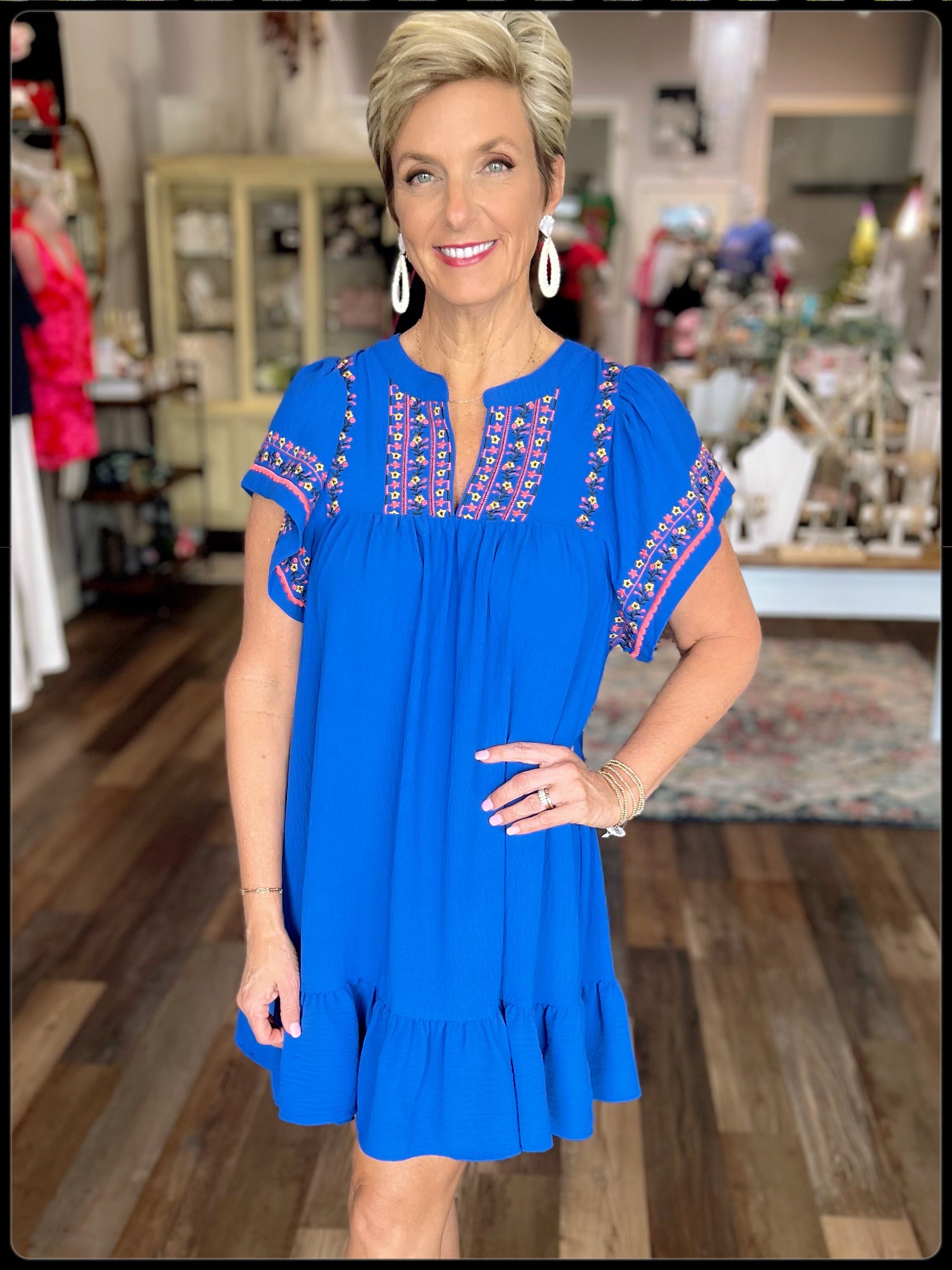 Embroidered Flutter Sleeve Babydoll Dress