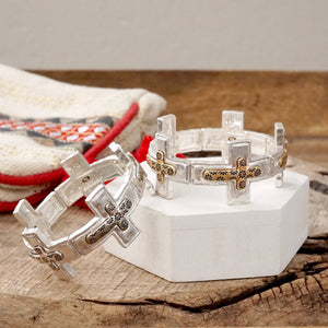Cross bracelet in Worn Silver or Gold tone boho style
