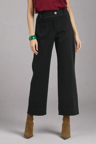 High Rise Wide Leg Pants with Patch Pockets – Black