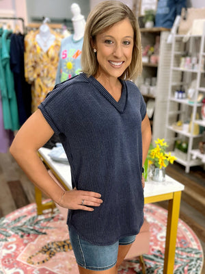 Urban Ribbed Short Sleeve Top in Navy