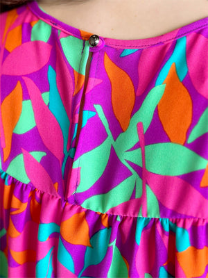 Vibrant Leaf Print Tiered Dress in Pink