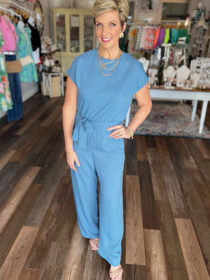 Class Act Short Sleeve Jumpsuit in Denim Blue