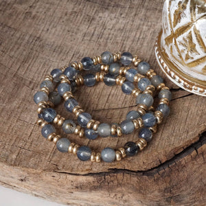 Glass Beaded Bracelet Stack with Worn Gold Accents – Green, Cream, or Gray
