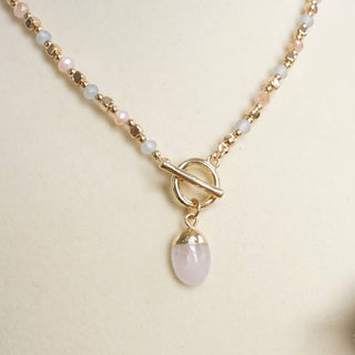 Faceted Beads & Oval Stone Front Toggle Necklace – Gold Tone and PInk