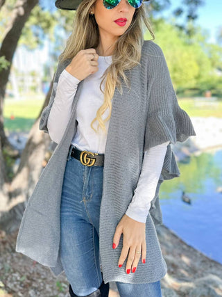 Soft Grey Ruffle Detail Open Front Lightweight Ruana Shawl