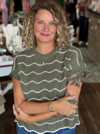 Olive Scalloped Stripe Sweater Top