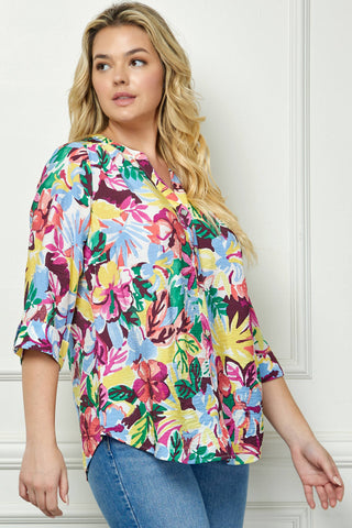 Summer Florals Mandarin Collar Blouse in Curvy