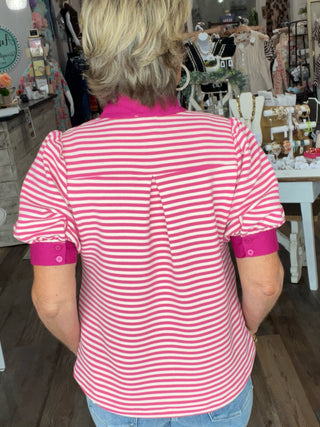 Bold Stripe Contrast Puff Sleeve Top