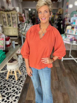 Autumn Grace Textured V-Neck Blouse in Rust in Curvy