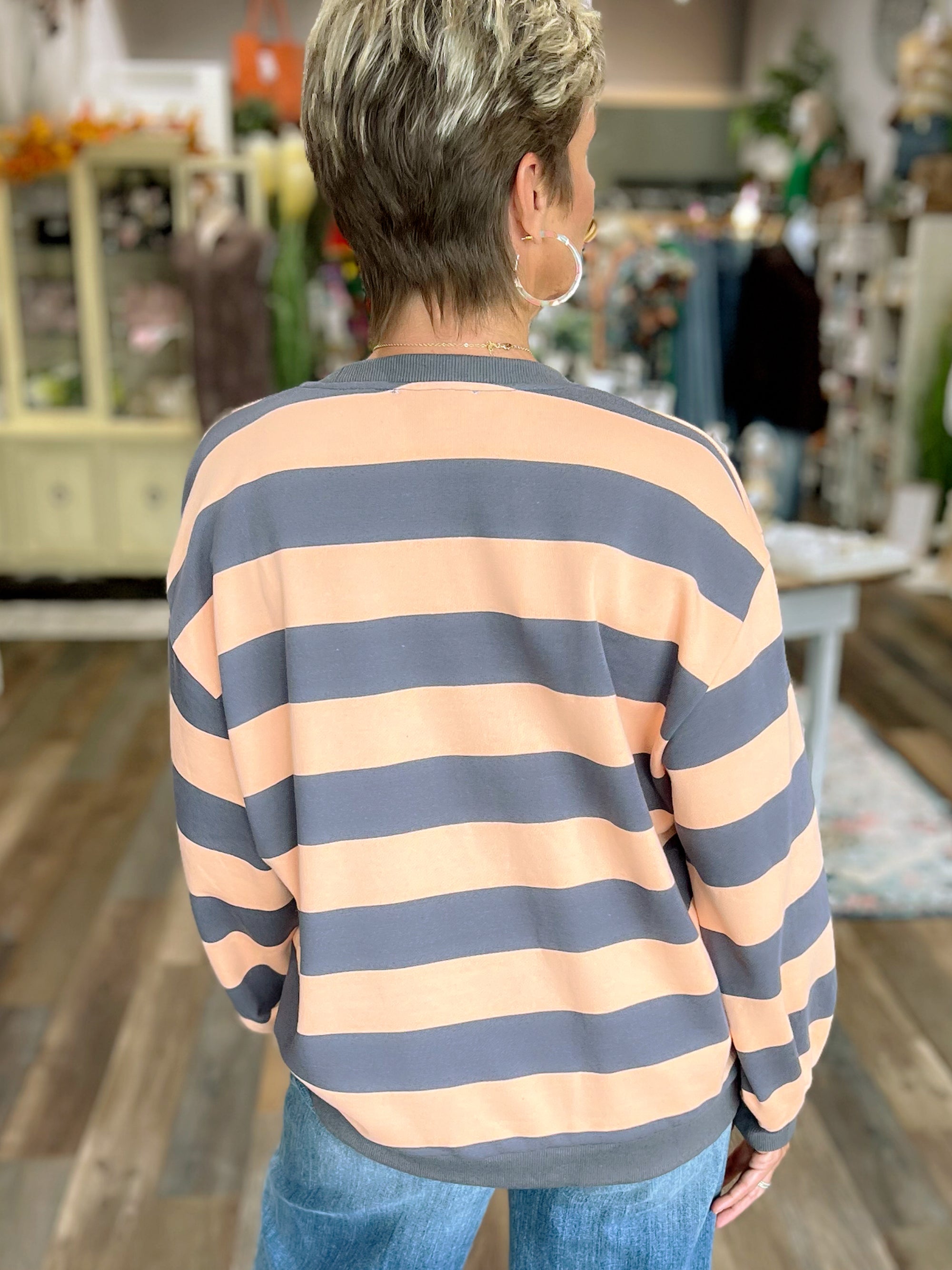 So Soft Sweatshirt in Peach and Grey Stripes