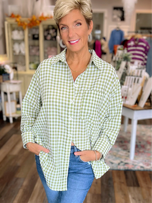 Green Gingham Print Button Up Blouse