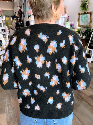 Abstract Floral Button Cardigan in Black