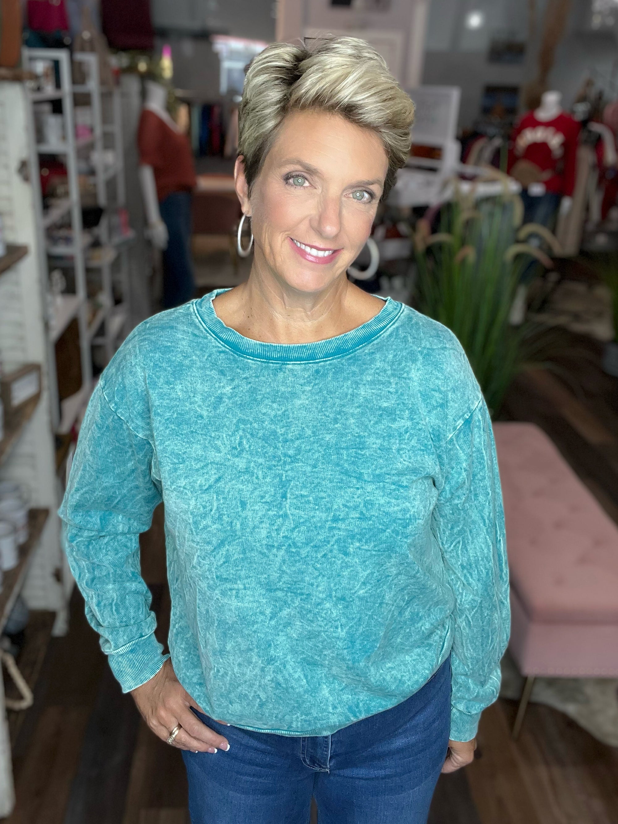 Vintage Washed Crew Neck in Teal