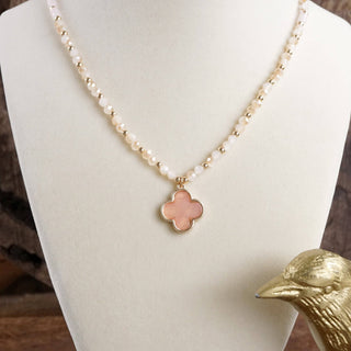 Short Beaded Clover Pendant Necklace with Semi-Precious Stone Beads