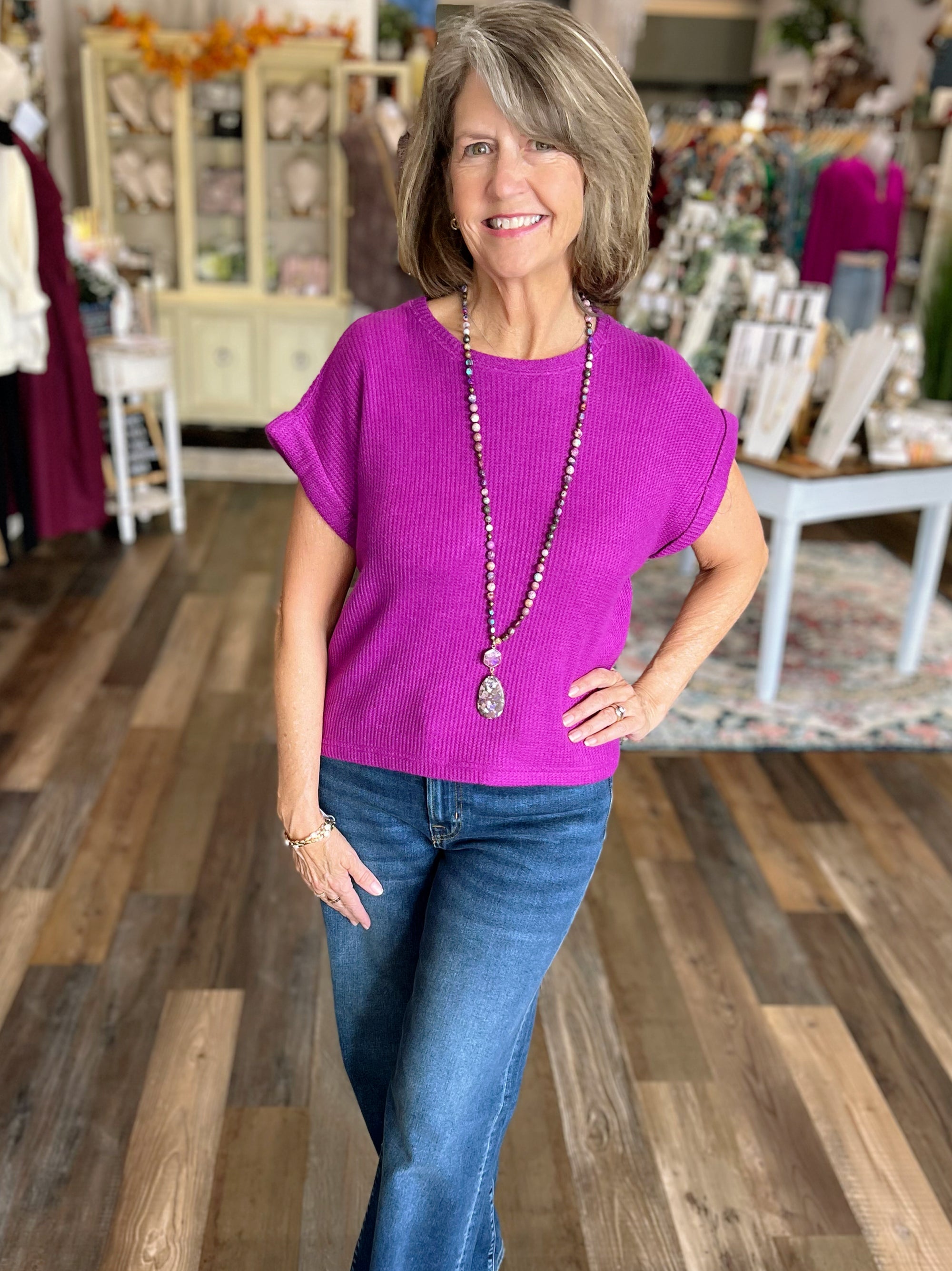 Light Plum Short Sleeve Crew Neck Sweater