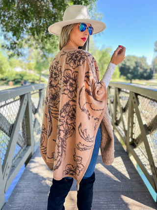 Elegant Floral Print Cape in Camel