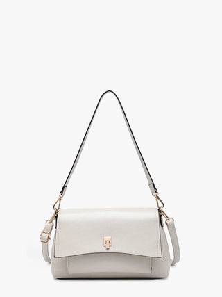 Light gray handbag with gold accents on a white background