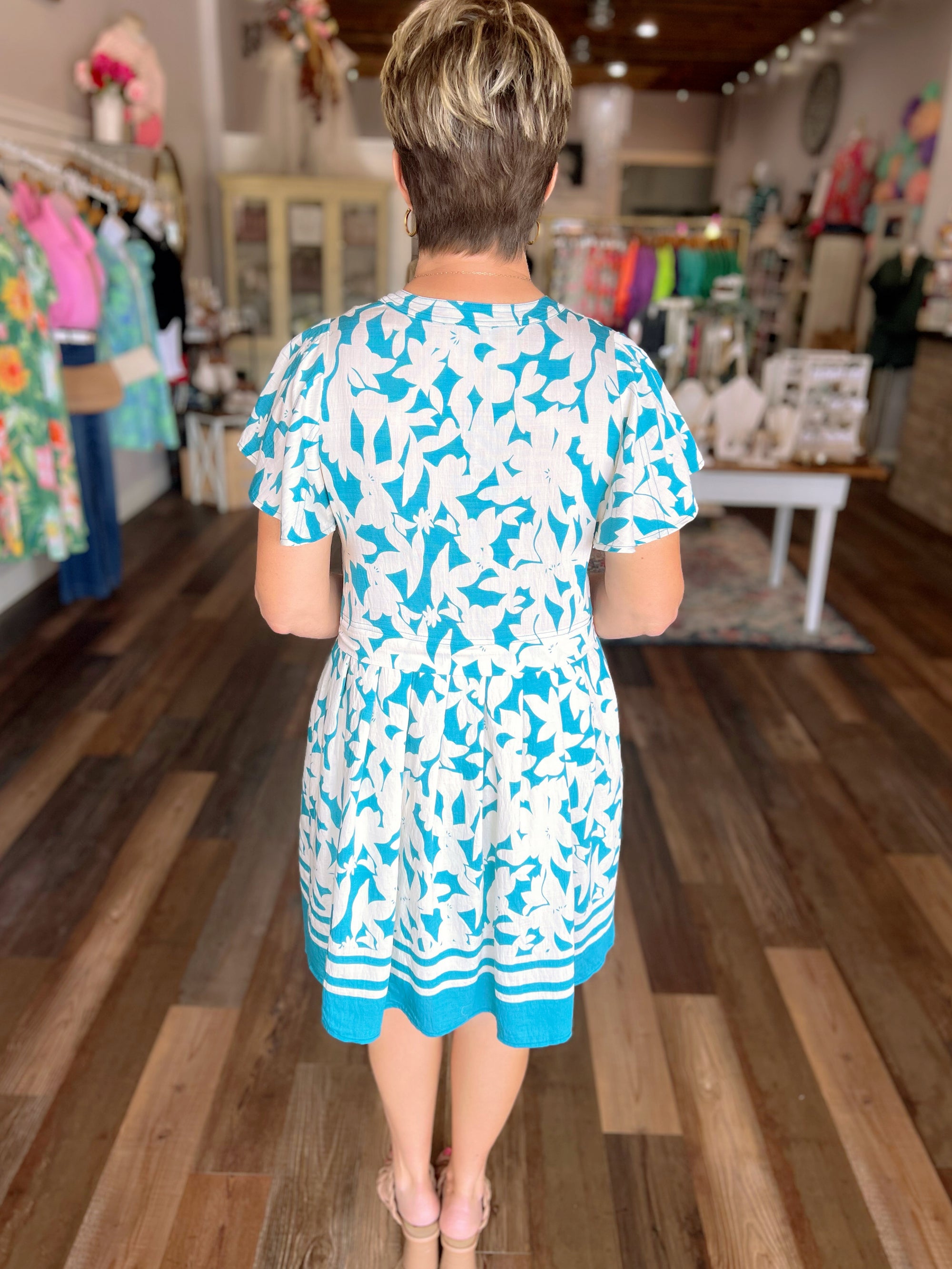 Just Lovely Floral and Stripe Print Dress in Turquoise