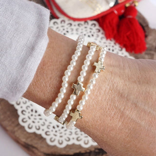 Mini Sideways Cross and Pearls Bracelet Stack Pearls