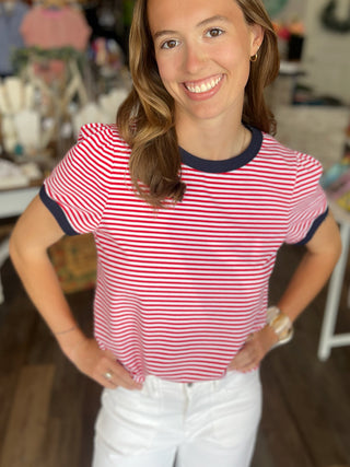 Red and Navy Short Sleeve Striped Top