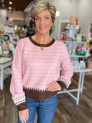 Geometric Knit Sweater in Soft Pink and Brown