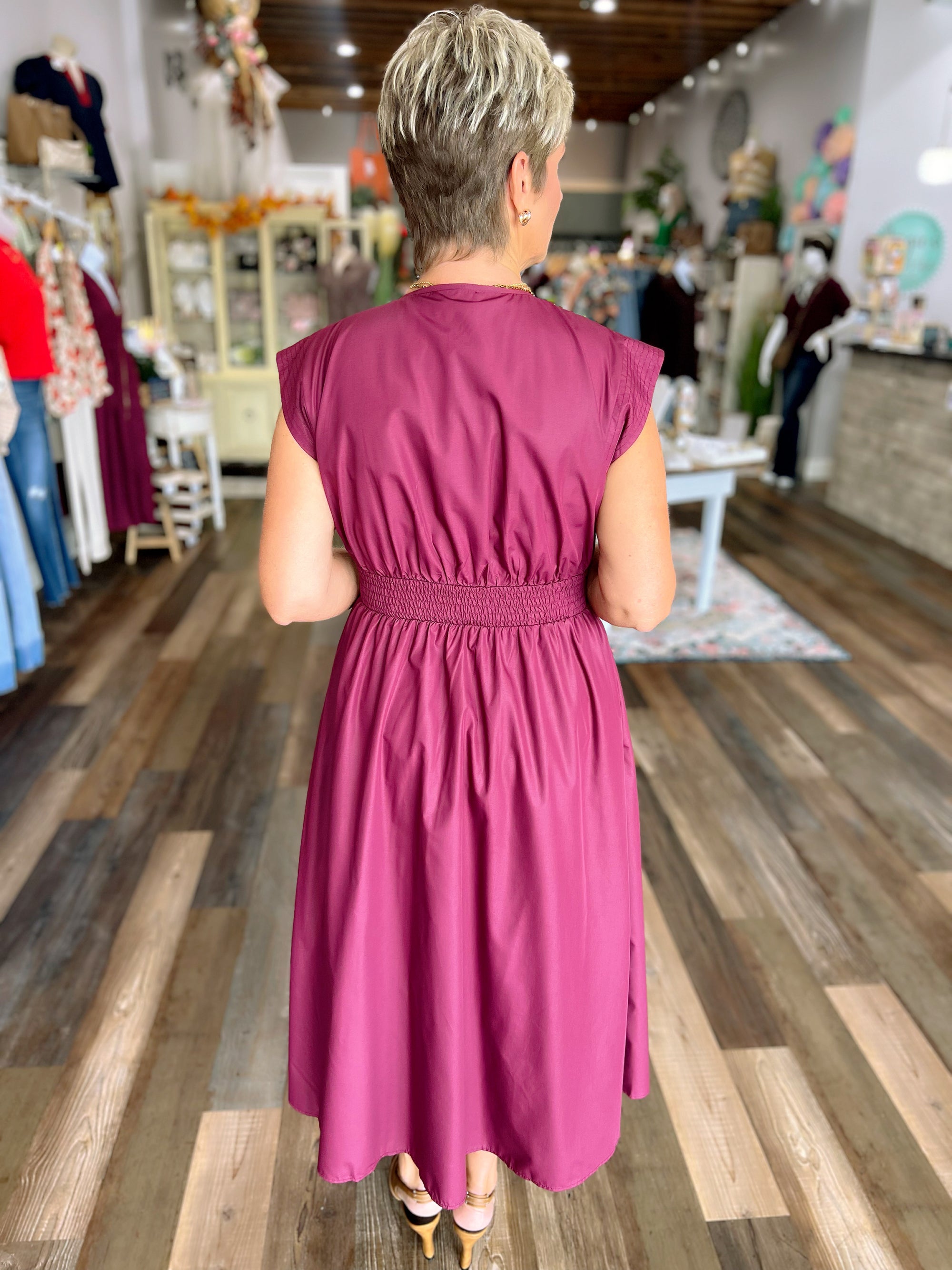 Zip-Front V-Neck Midi Dress with Cap Sleeves