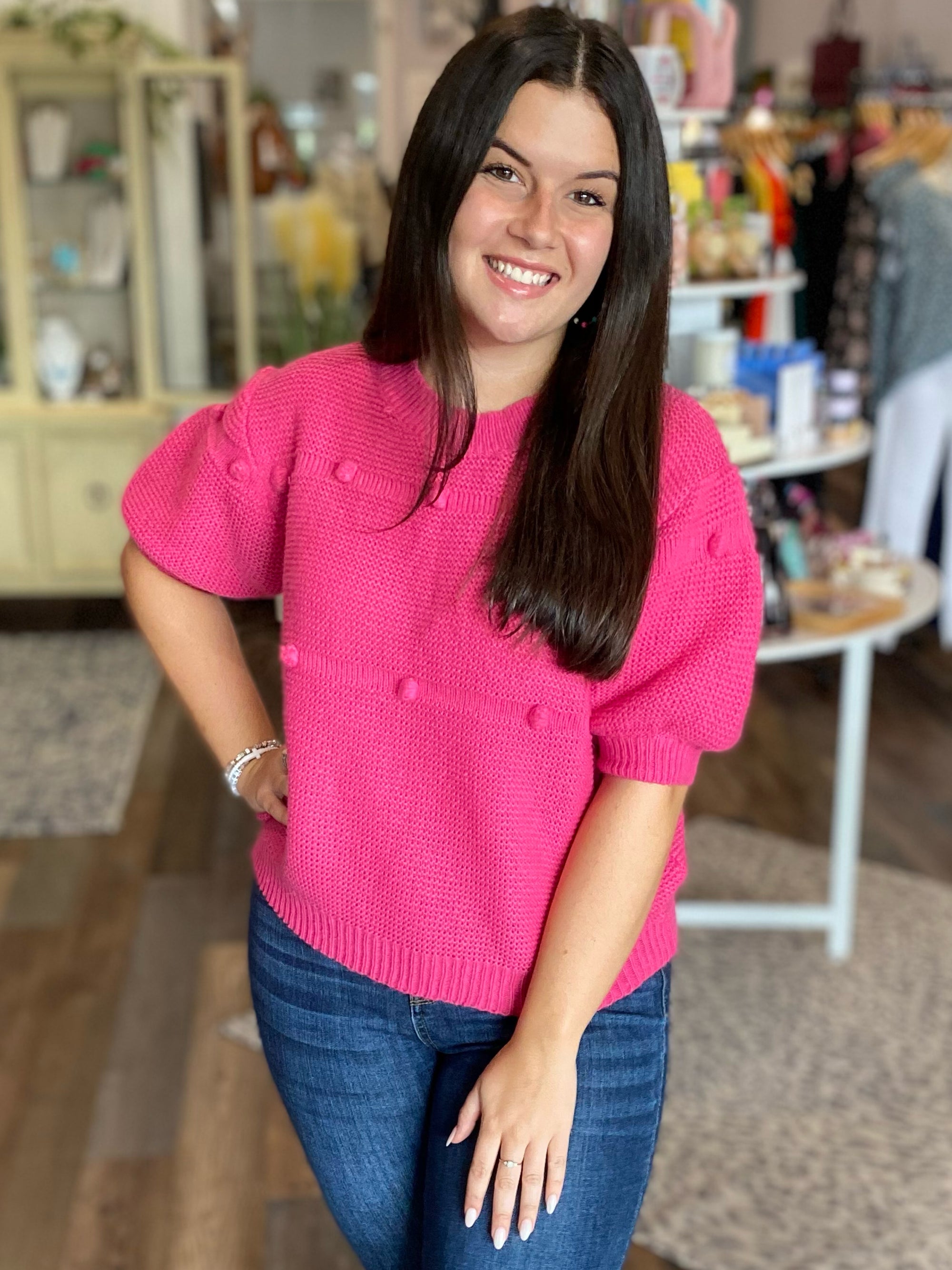 Pompom Short Puff Sleeve Sweater