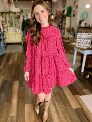 Angela Frilled Mock Neck Floral Print Dress