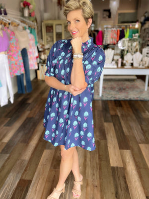 Floral Print Mini Dress with a Ruffled Neck and Short Puff Sleeves