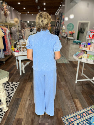 Washed Puff Sleeve Button Down Top