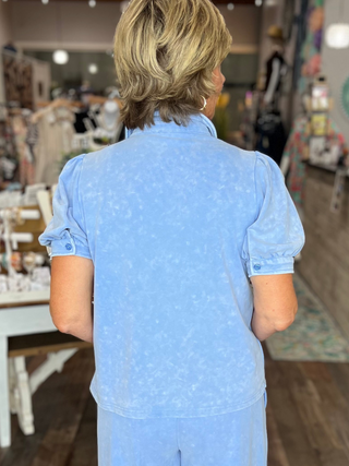 Washed Puff Sleeve Button Down Top