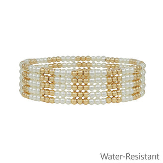 Stack of pearl and gold beaded bracelets on a white background with 'Water-Resistant' text.