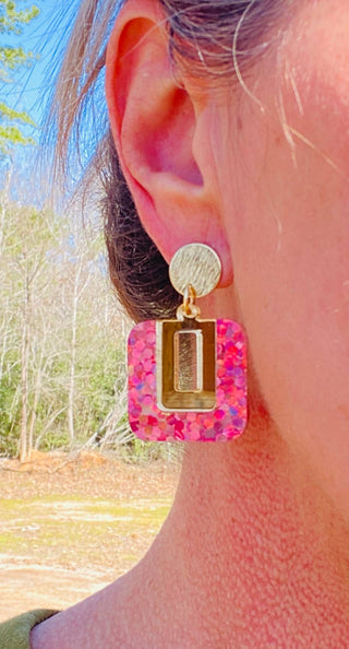 Be Squared Pink Holographic Glitter and Gold Earrings 