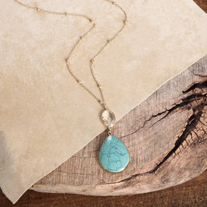 Boho Minimal Long Necklace with Teardrop Natural Stone Pendant – Worn Gold Tone