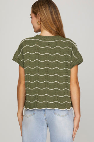 Olive Scalloped Stripe Sweater Top
