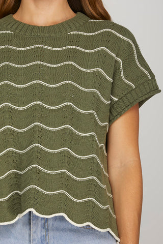 Olive Scalloped Stripe Sweater Top