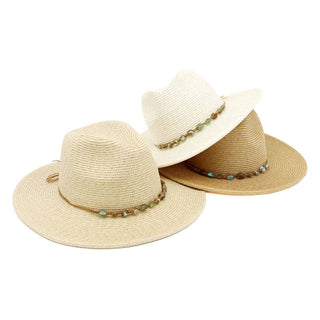 Turquoise Stone Band Straw Summer Fedora Hat: Tan or Stone