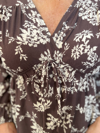 Autumn Blossom V-Neck Floral Blouse – Brown Long Sleeve Top