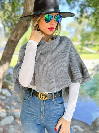 Soft Grey Ruffle Detail Open Front Lightweight Ruana Shawl